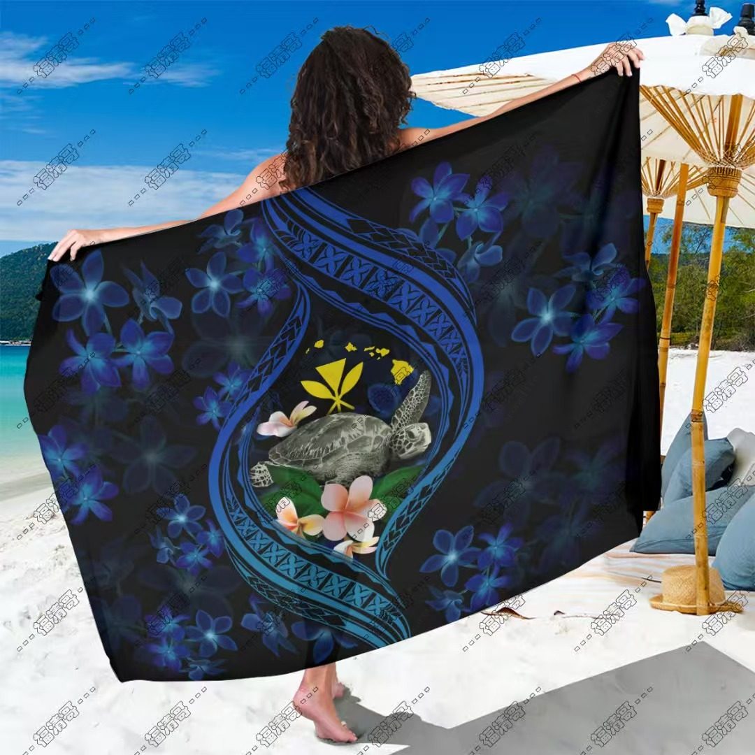 蓝调夏威夷海龟鸡蛋花部落纱笼 人造棉材质纱笼定制