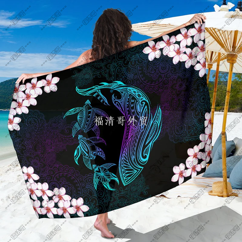渐变部落鲸鱼鸡蛋花印花纱笼 比基尼外搭罩 人造棉材质纱笼定制