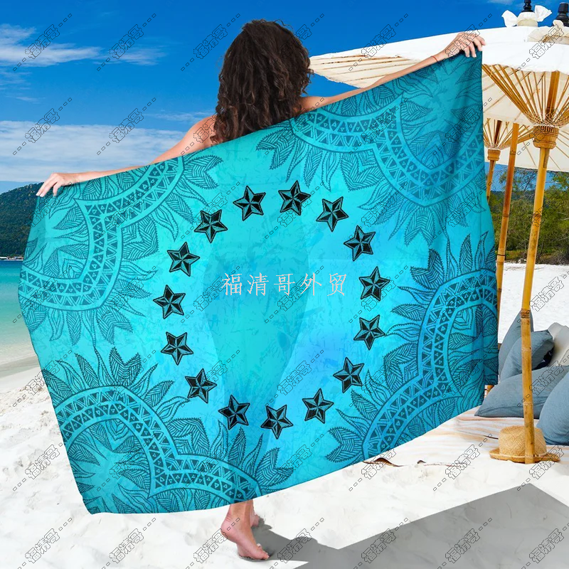 浅蓝波利尼西亚部落星星印花纱笼 沙滩披巾 人造棉材质纱笼定制