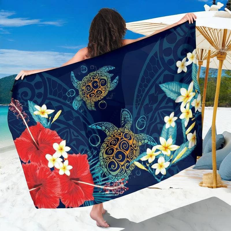 海洋海龟扶桑鸡蛋花沙滩纱笼裹裙 夏威夷海岛 Lavalava 沙滩裙 沙滩披巾产品图片