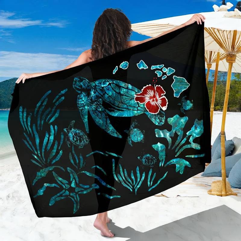 夏威夷海浪棕榈海龟纱笼 Lavalava 红色扶桑印花沙滩 Pareo 裹裙 沙滩披巾产品图片