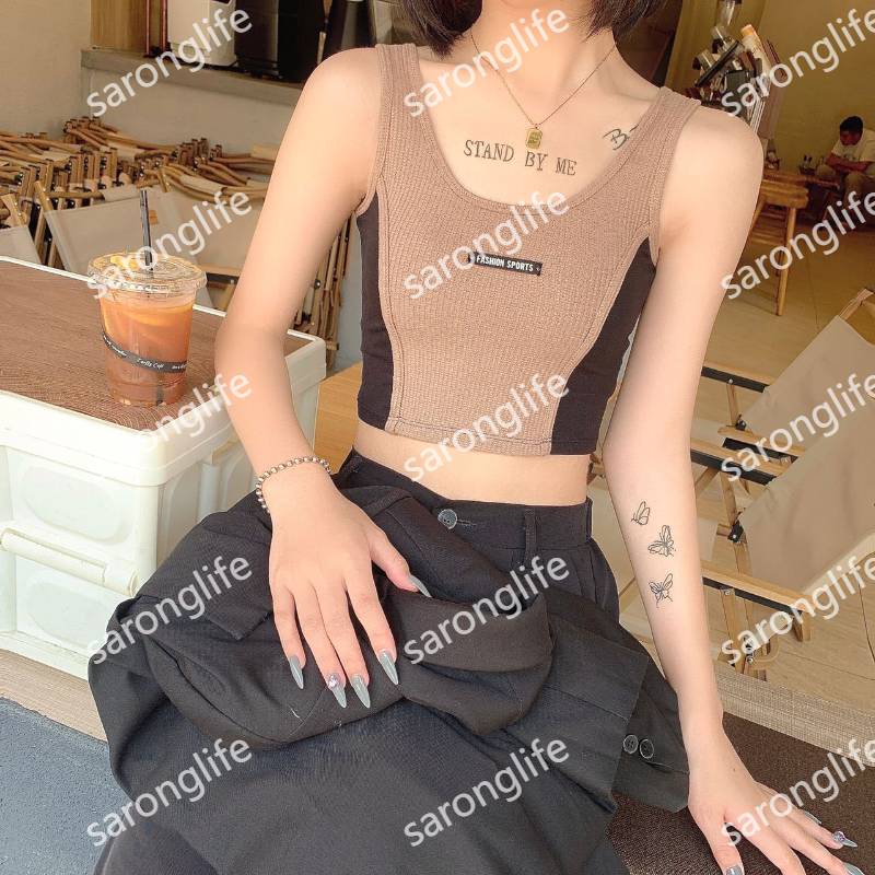 外贸库存韩版拼色字母背心女薄款内搭带胸垫裹胸防走光少女内衣女